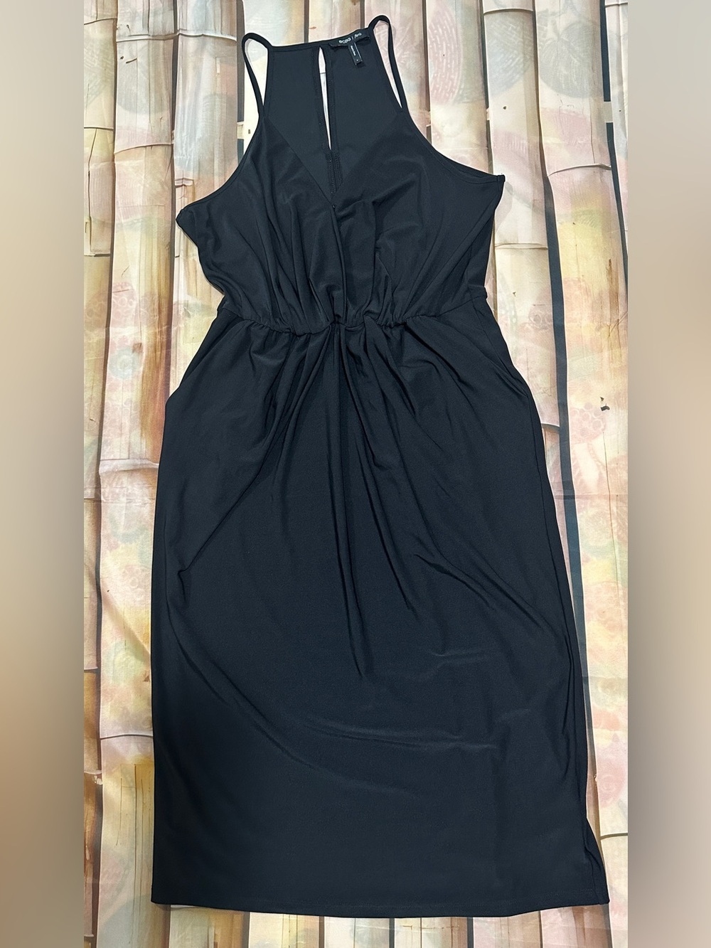 BCBG Paris Black Sleeveless Ruched Midi Dress Size Large